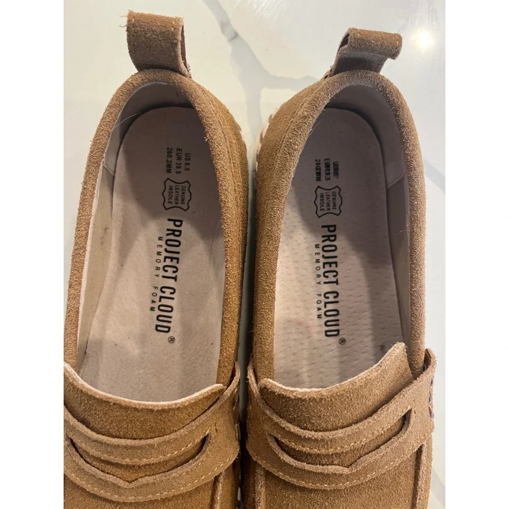 Project Cloud Filide.A Tan Suede Penny Loafers Womens 8.5 Memory Foam‎ Platform